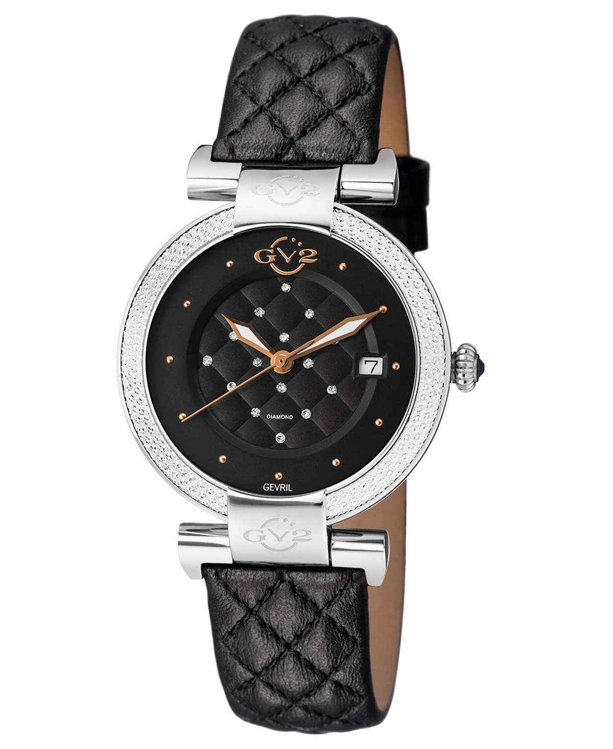 Gv2 By Gevril Women's Berletta Swiss Quartz Diamond Accents Black Leather Strap Watch 37mm In Silver