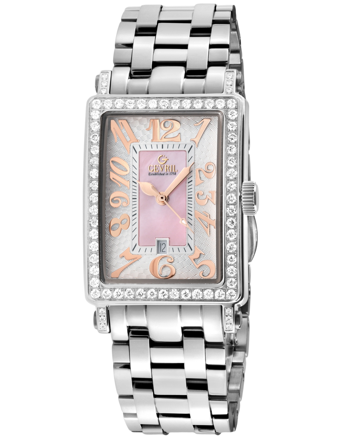Gevril Women's Avenue of Americas Mini Swiss Quartz Diamond Accents Silver-Tone Stainless Steel Bracelet Watch 25mm x 32mm