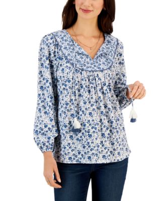 Style & Co - Women's Floral Fantasy Printed Tasseled Peasant Top