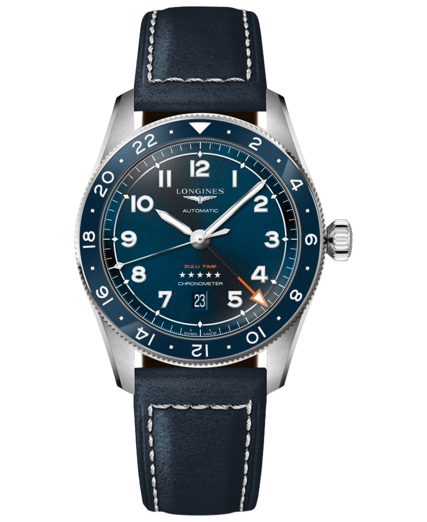 Мужские часы Longines Swiss Automatic Spirit Zulu Time Blue Leather Strap Watch 42mm — фото 1