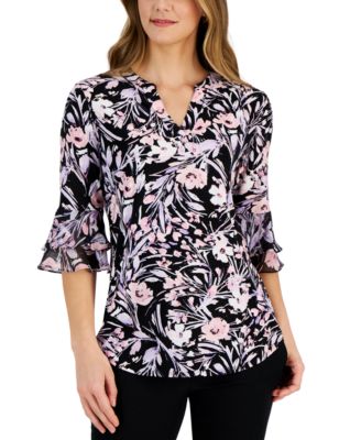 Kasper - Petite Floral-Print Split-Neck 3/4-Sleeve Top