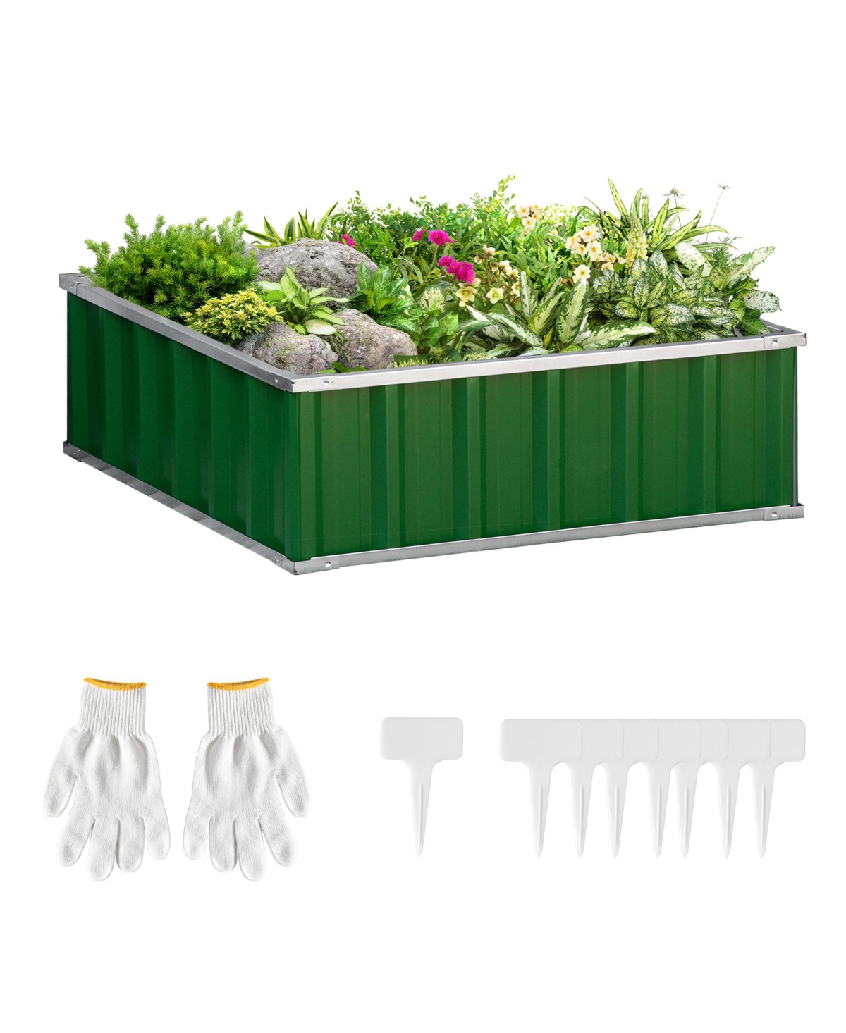 Metal Raised Garden Bed No Bottom Planter Box w/ Gloves for Backyard - Green