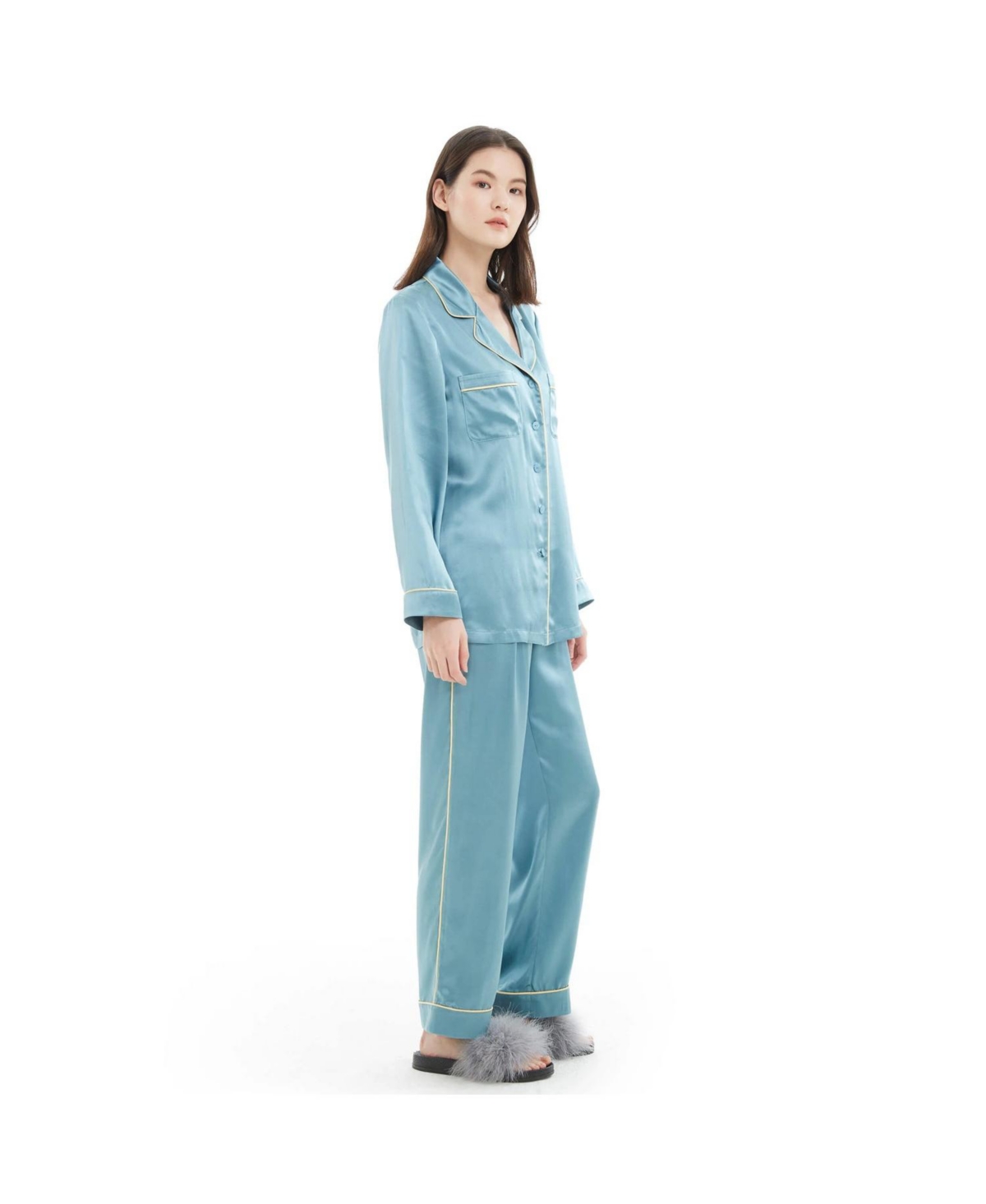 22MM Gold Piping Silk Pajamas Set - Blue Haze