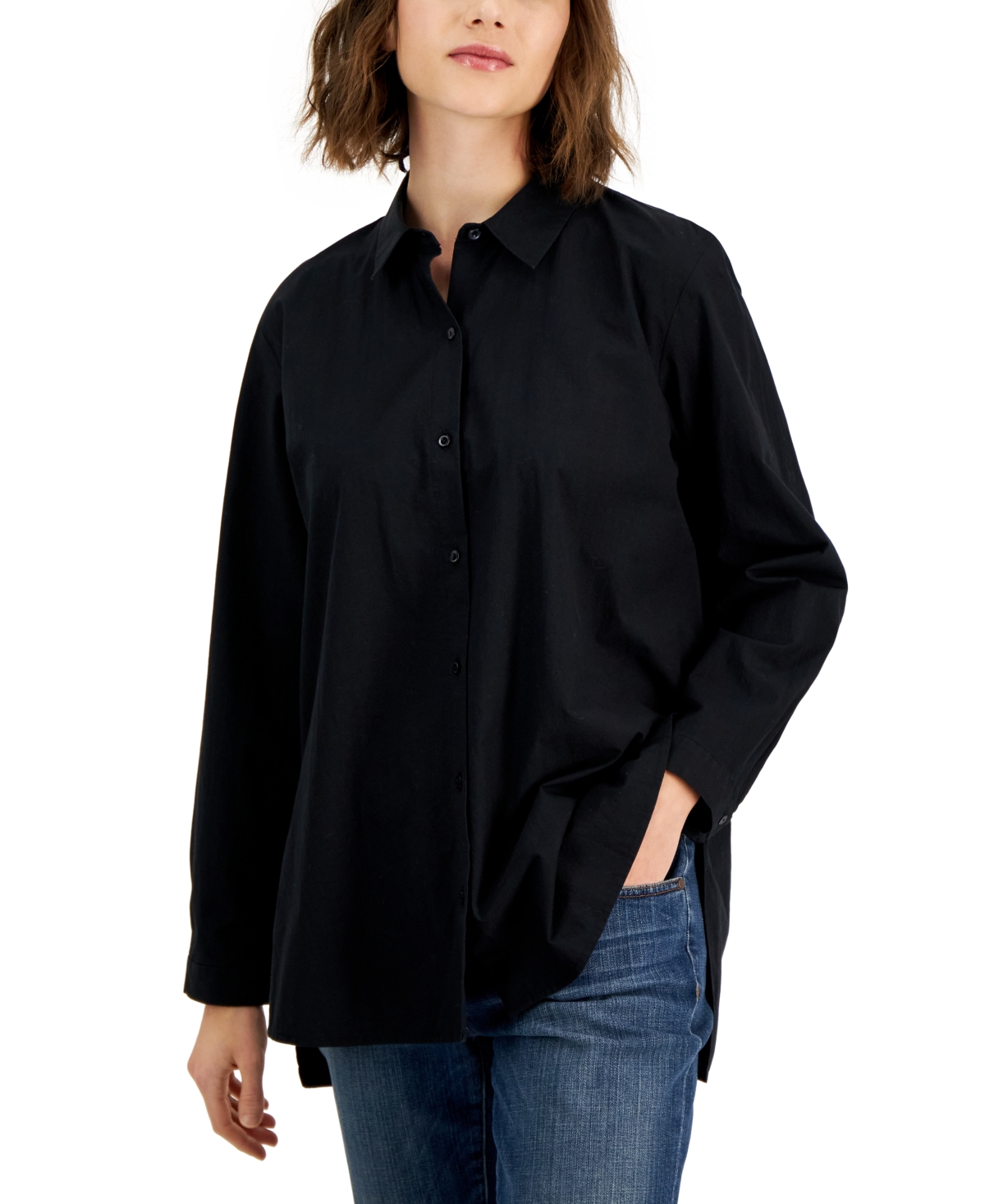 Eileen Fisher Button-down Poplin Shirt In Black