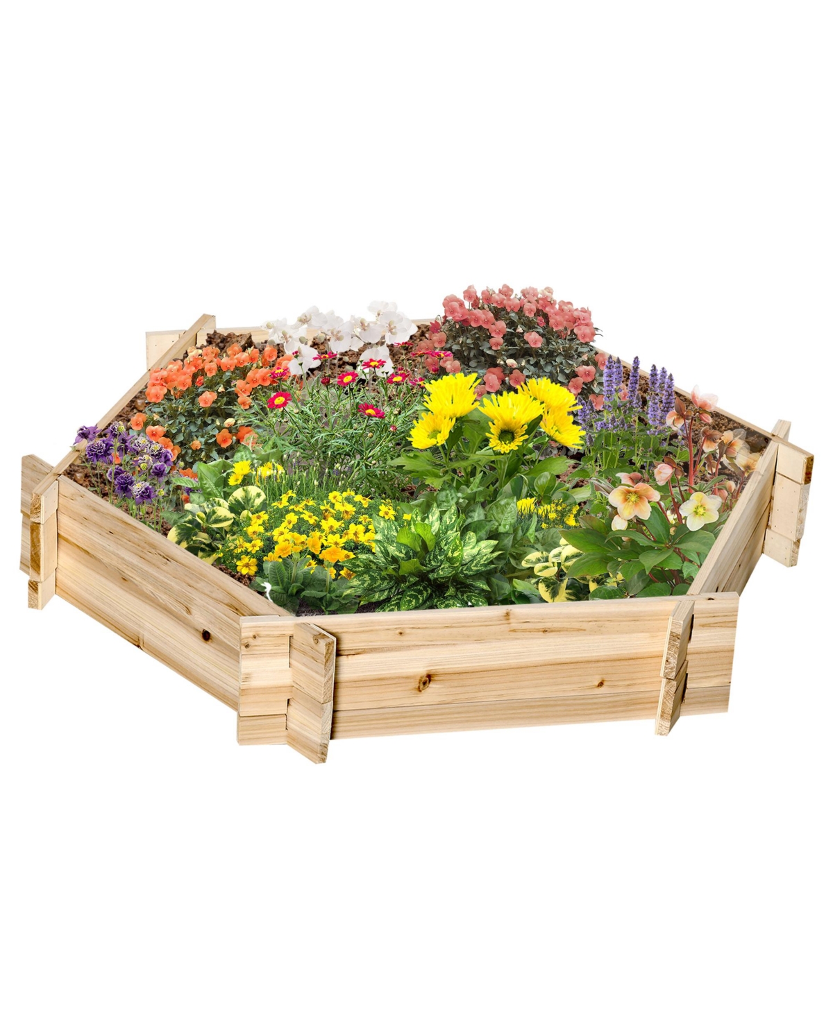 Garden Bed, Wooden 36" Hexagon Planter, Screwless Easy Assembly - Natural