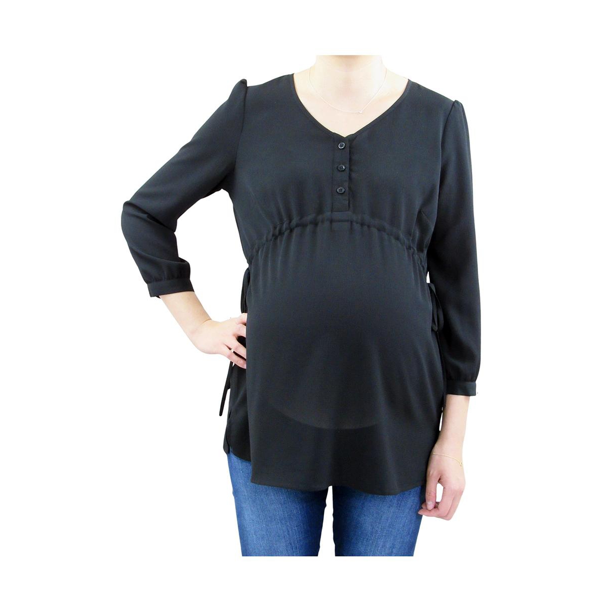 Maternity 3/4 Sleeve Button Front Babydoll Top - Black