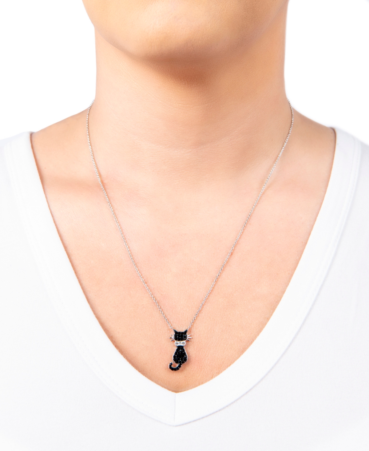 Macy's Black and White Crystal Sitting Cat Necklace - Fine Silver Plated Brass