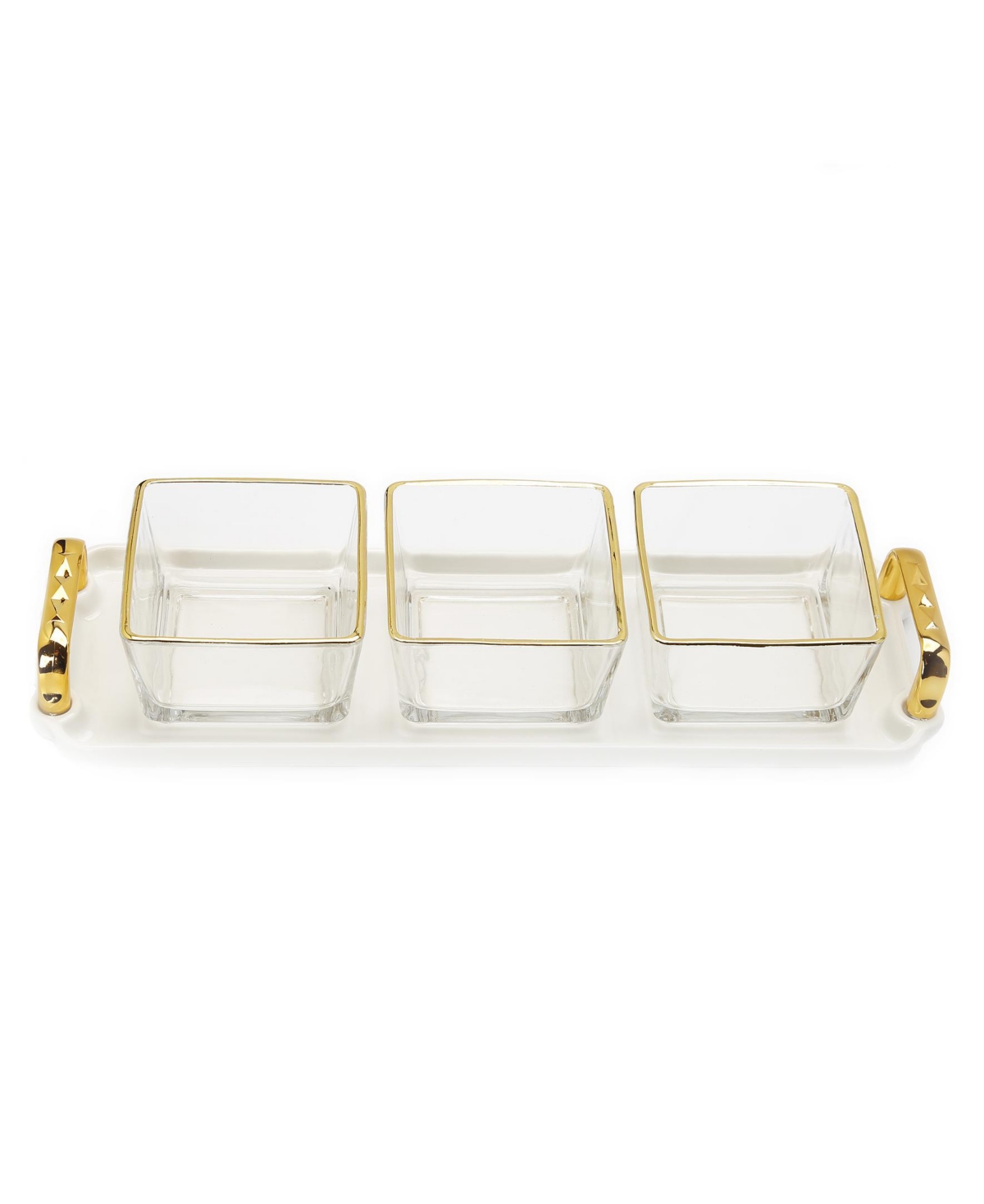 Classic Touch 3-piece Trimmed Glass Bowl On Serving Dish Tray In Gold
