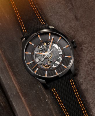 Men's Swiss Automatic Multifort Skeleton Vertigo Black and Orange Fabric Strap Watch 42mm