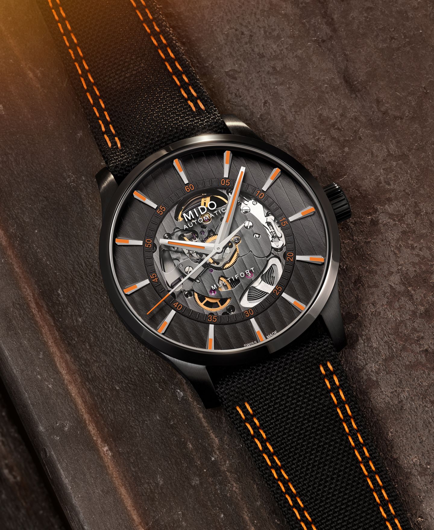 Мужские часы Mido Swiss Automatic Multifort Skeleton Vertigo Black and Orange Fabric Strap Watch 42mm — фото 5