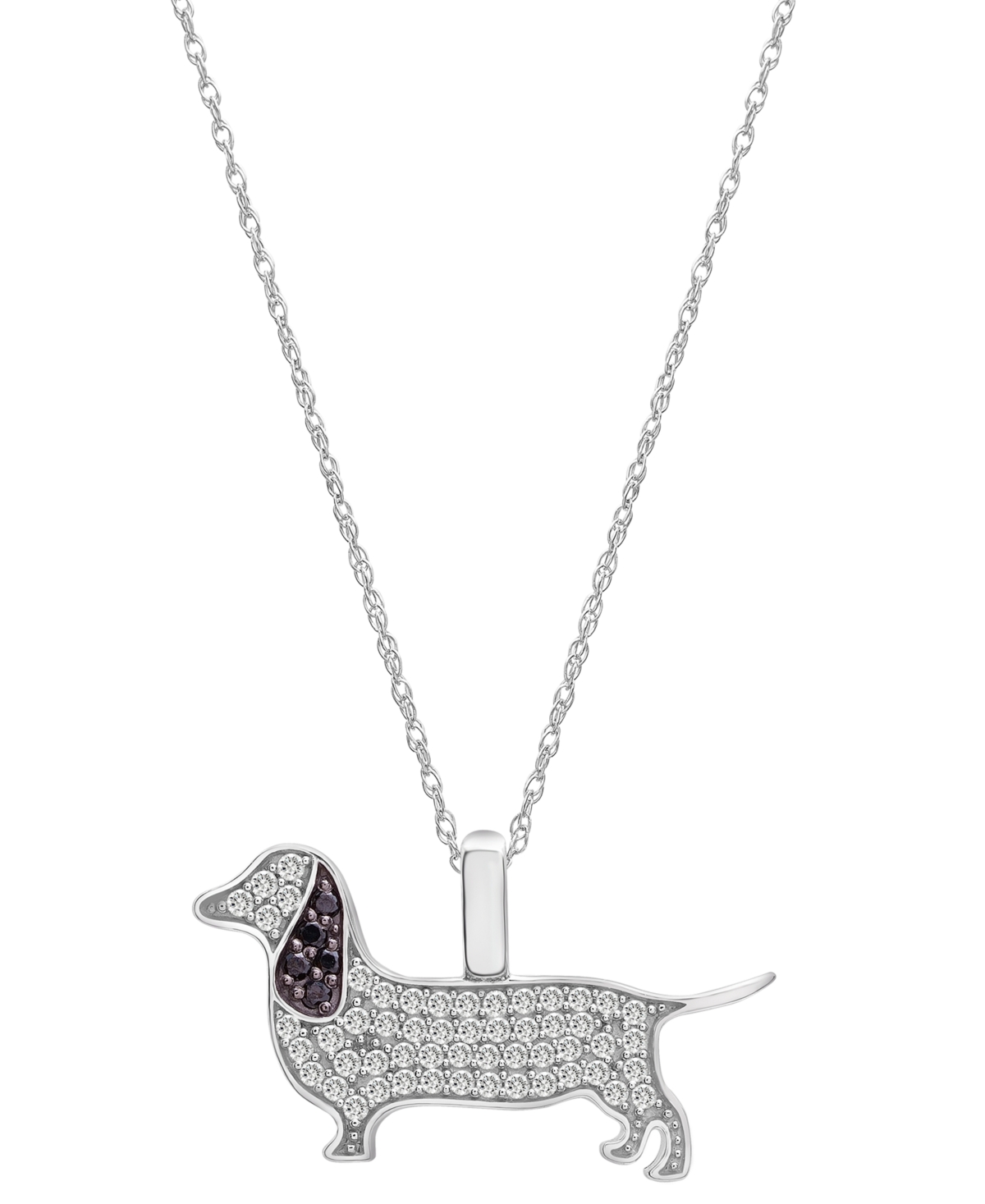 White Diamond (1/5 ct. t.w.) & Black Diamond (1/20 ct. t.w.) Dachshund Pendant Necklace in 10k White Gold, 16" + 2" extender, Created for Macy