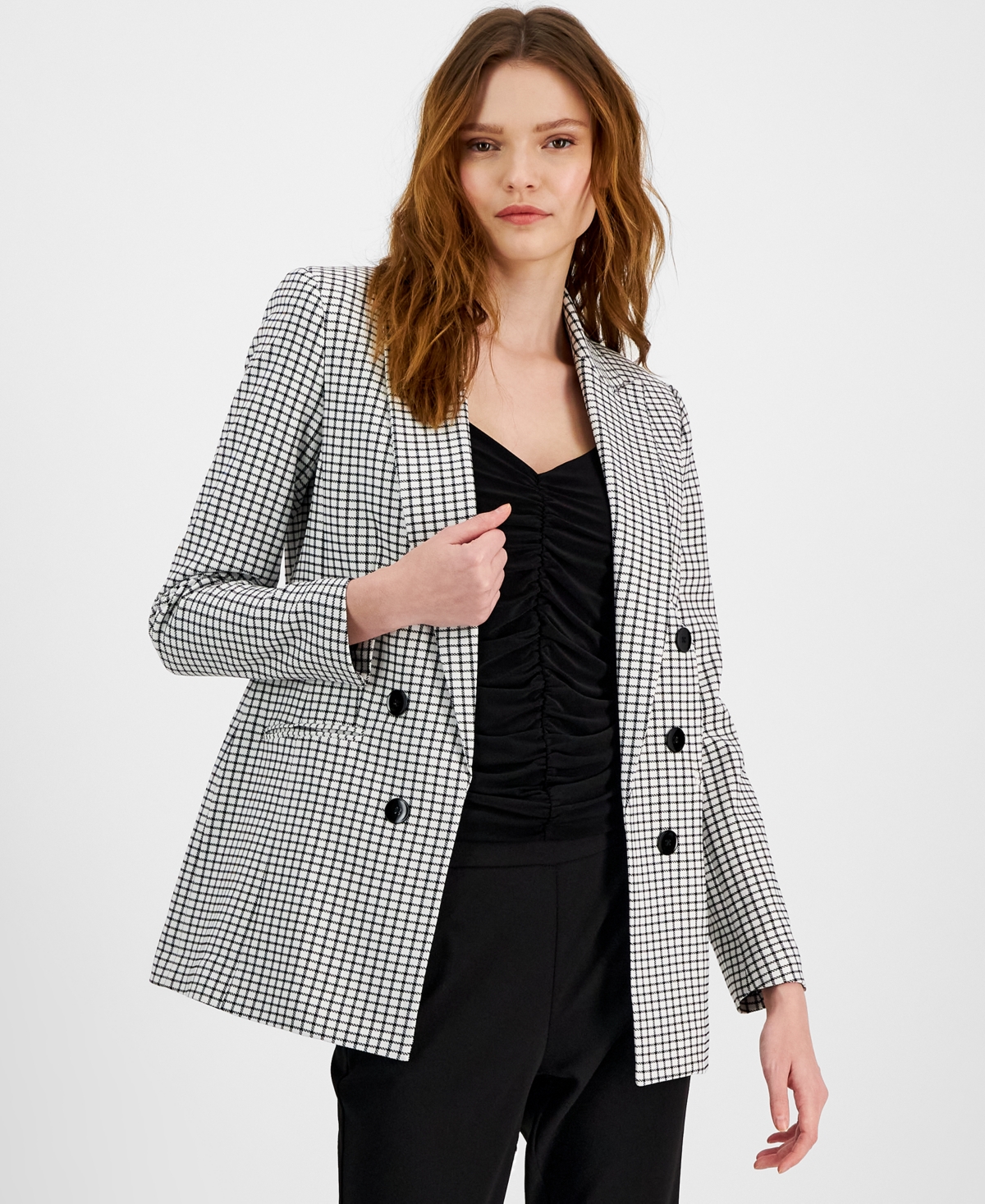 Women's Mini-Check-Print Faux-Double-Breasted Jacket, Created for Macy's - Bar White/black