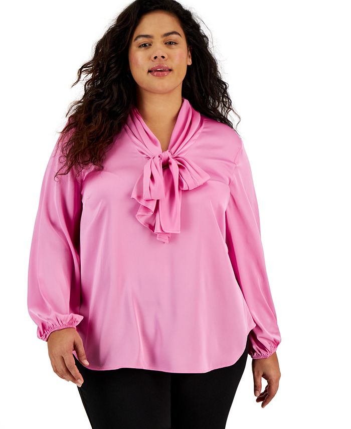 Bar III Plus Size Bow-Tie Long-Sleeve Blouse, Created for Macy's ...