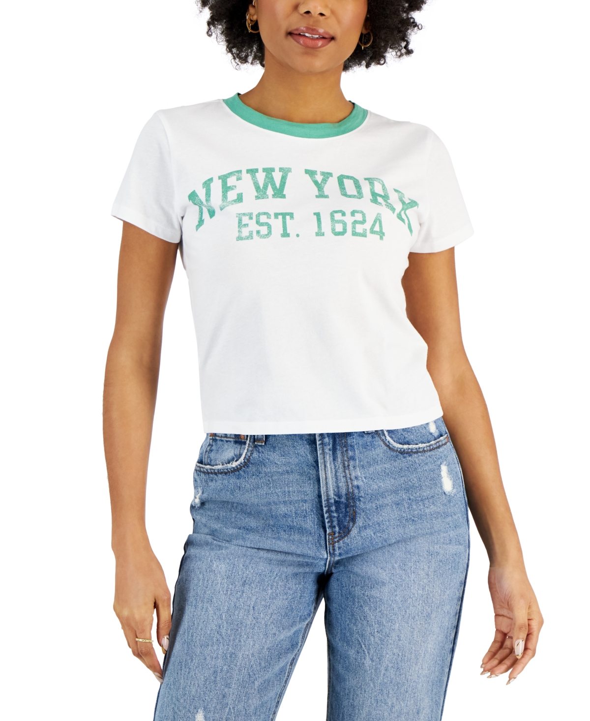 Grayson Threads Black Juniors' New York-graphic Cotton Ringer T-shirt In Green