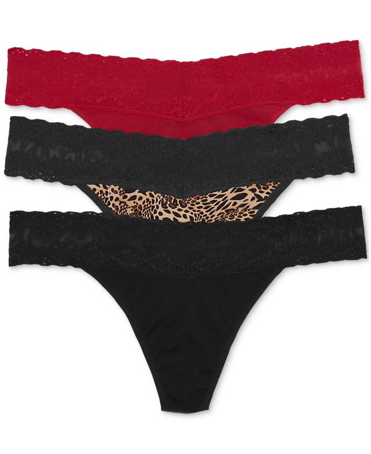 Natori Bliss Perfection Lace-trim Thong, Pack Of 3 750092mp In Strawberry / Coal Luxe Leopard Print / B