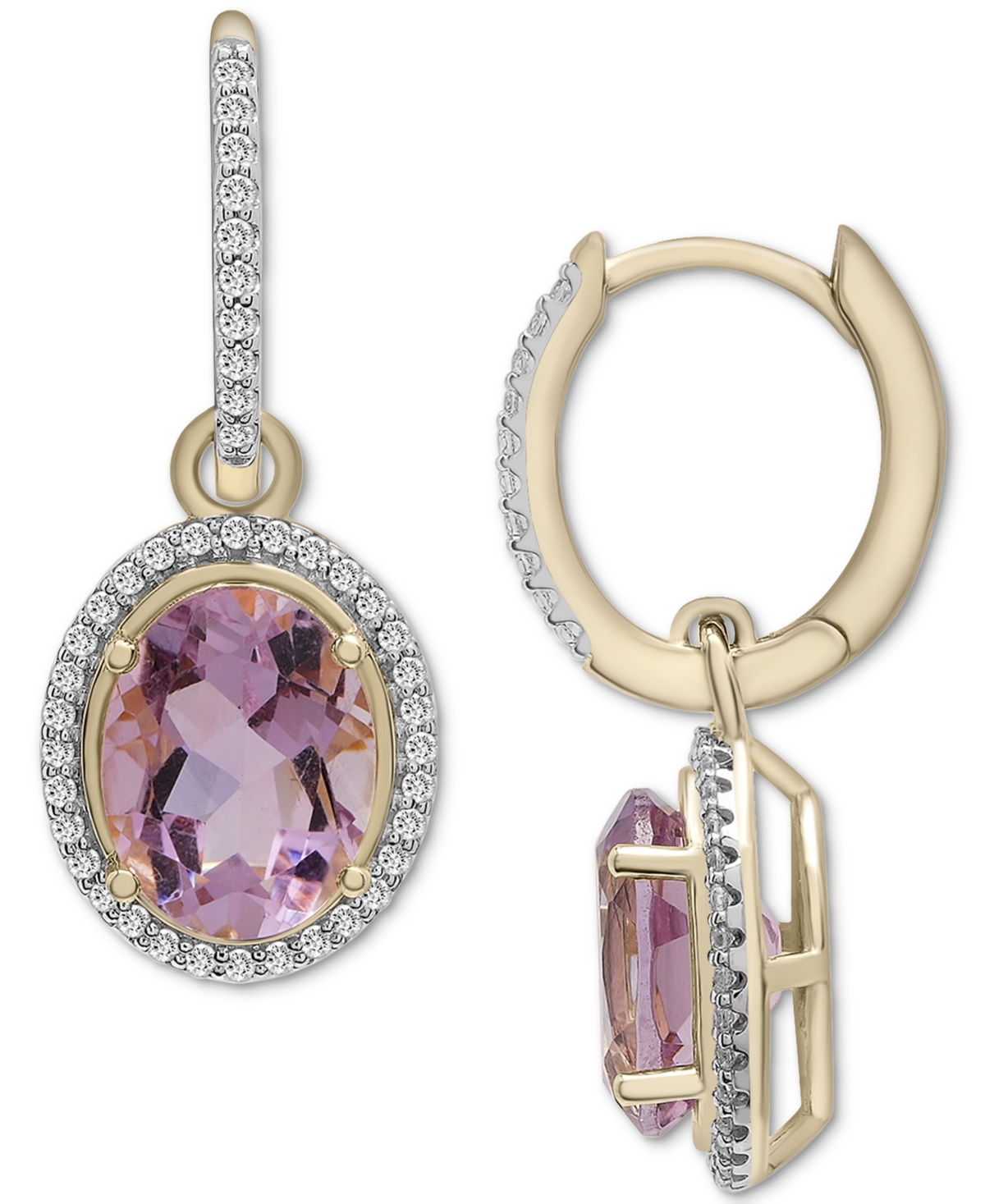 Macy's Pink Amethyst (3-1/3 Ct. T.w.) & Diamond (1/4 Ct. T.w.) Oval Halo Dangle Hoop Earrings In 14k Gold In Rose De France