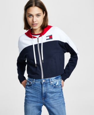 Tommy Jeans Women's Colorblocked Zippered Drawstring Hoodie - Macy's