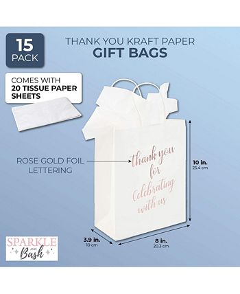 Thank You Kraft Gift Bags with Tissue Paper (Rose Gold Foil, 15