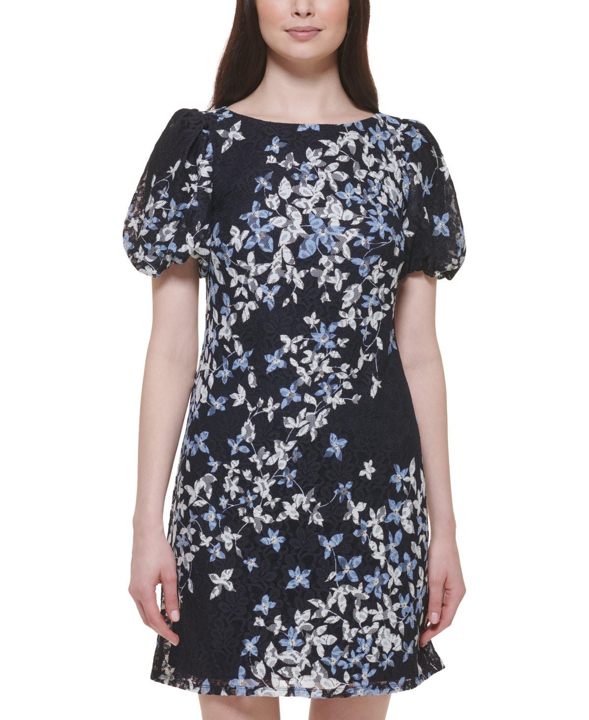 Shop Jessica Howard Women's Floral-print Puff-sleeve Lace Sheath Dress In Navy Blue