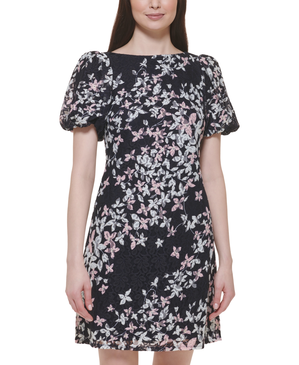 Jessica Howard Women's Floral-print Puff-sleeve Lace Sheath Dress In Navy Pink