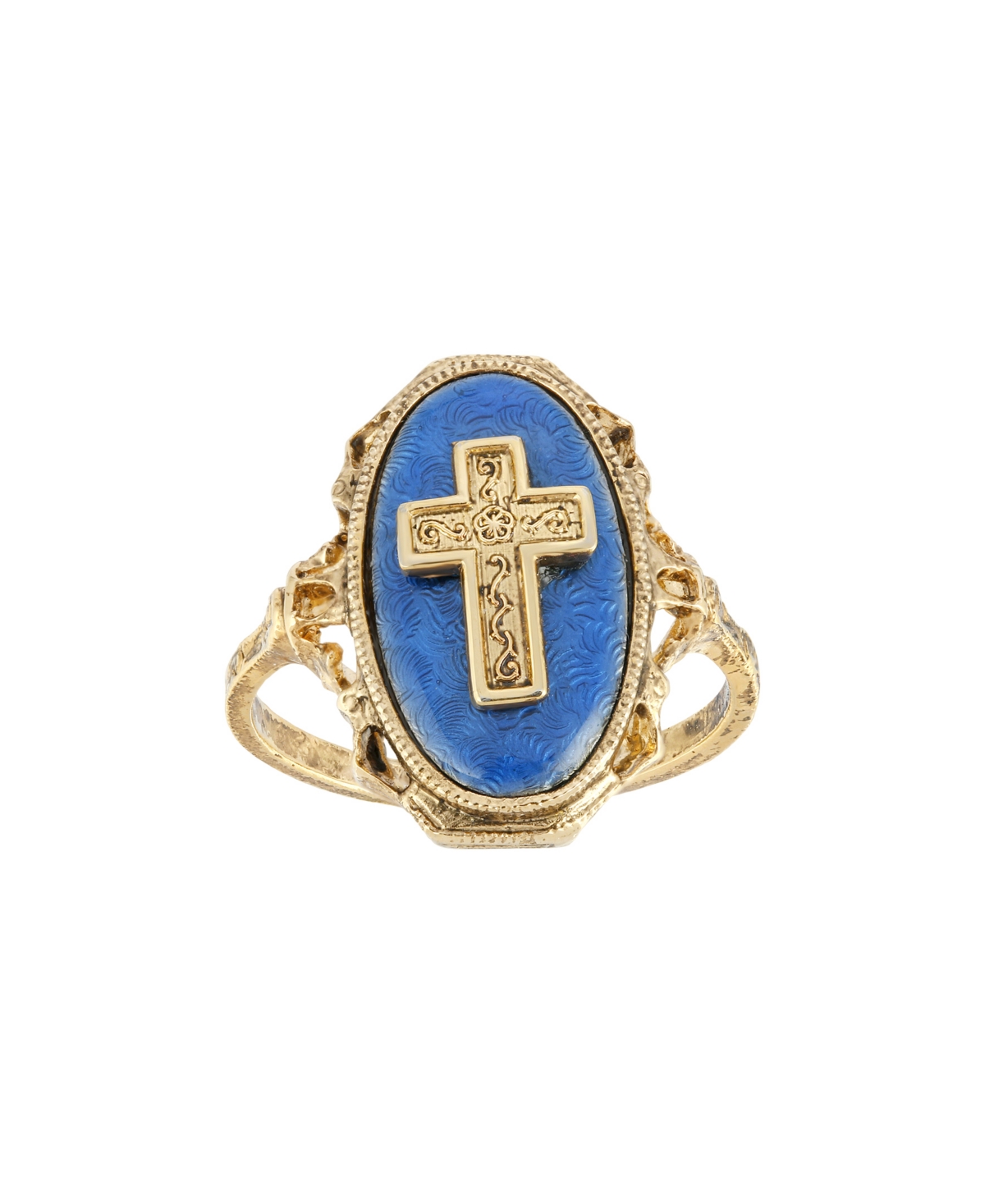 Gold-Tone Cross Blue Enamel Oval Ring - Blue