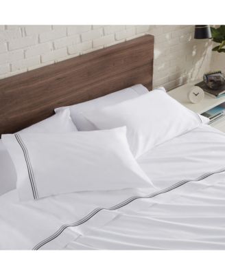 Sateen California King Sheet Set, 1 Flat Sheet, 1 Fitted Sheet, 2 Pillowcases, 600 Thread Count, Sateen Cotton, Pristine White with Fine Baratta Embroidered 3-Striped Hem