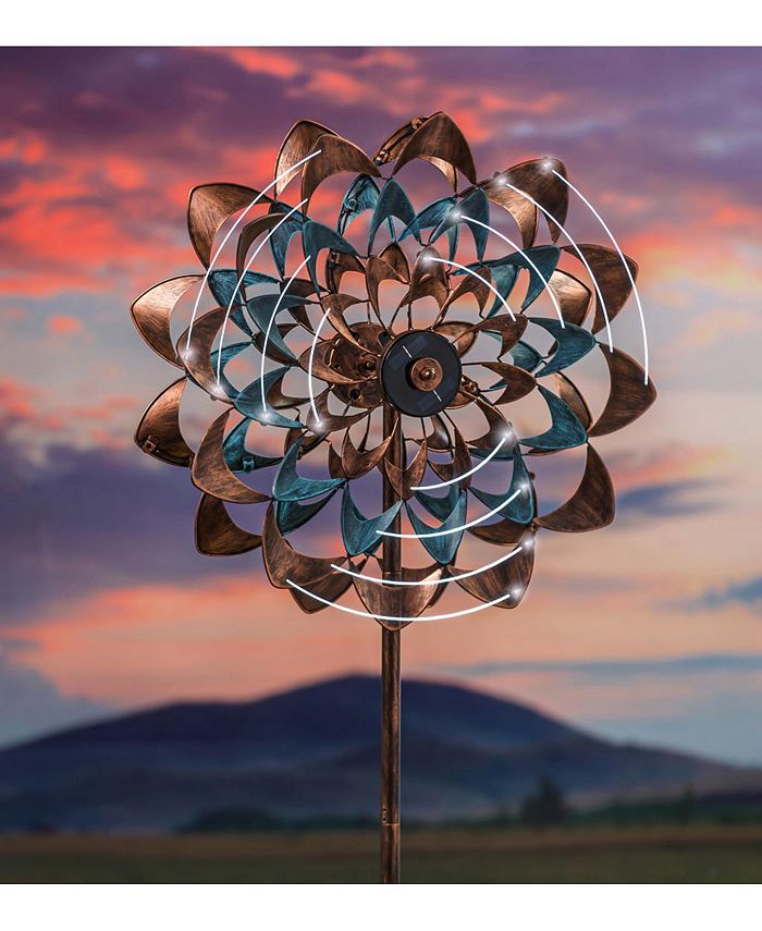 Evergreen 75"H Solar Wind Spinner, Copper and Verdigris Zinnia Garden