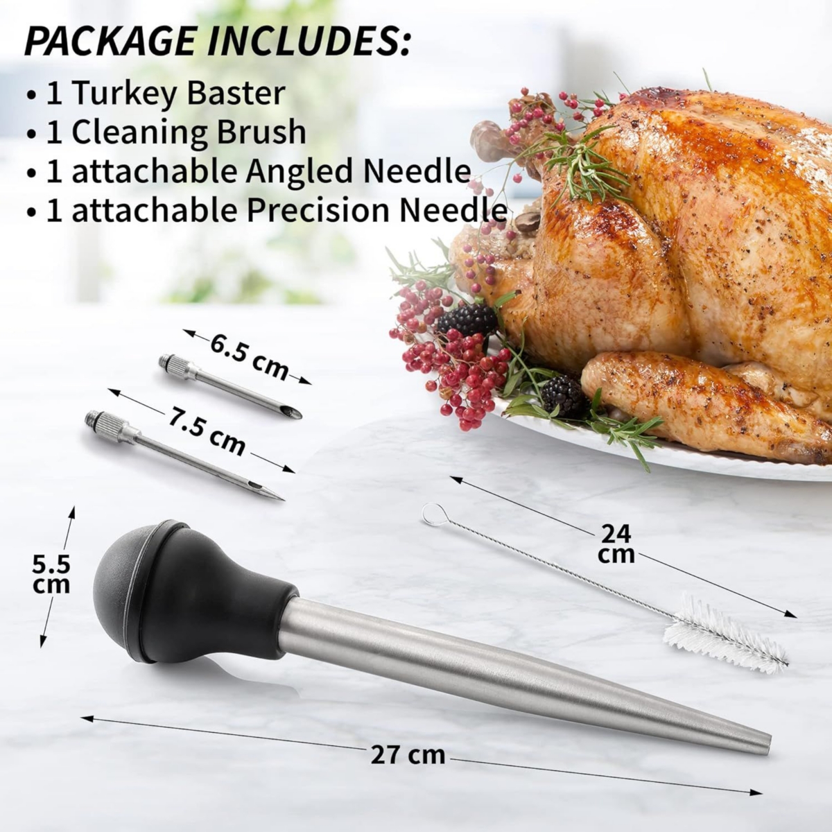 Zulay Kitchen Stainless Steel Turkey Baster Syringe with Silicone Suction Bulb