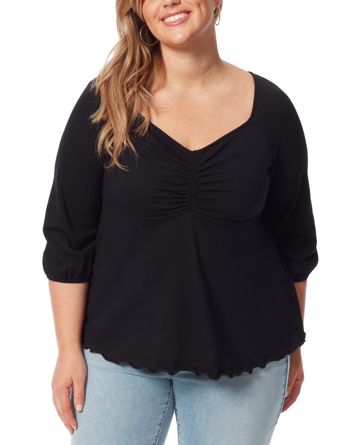 JESSICA SIMPSON TRENDY PLUS SIZE MORIAH RUCHED 3/4-SLEEVE TOP 