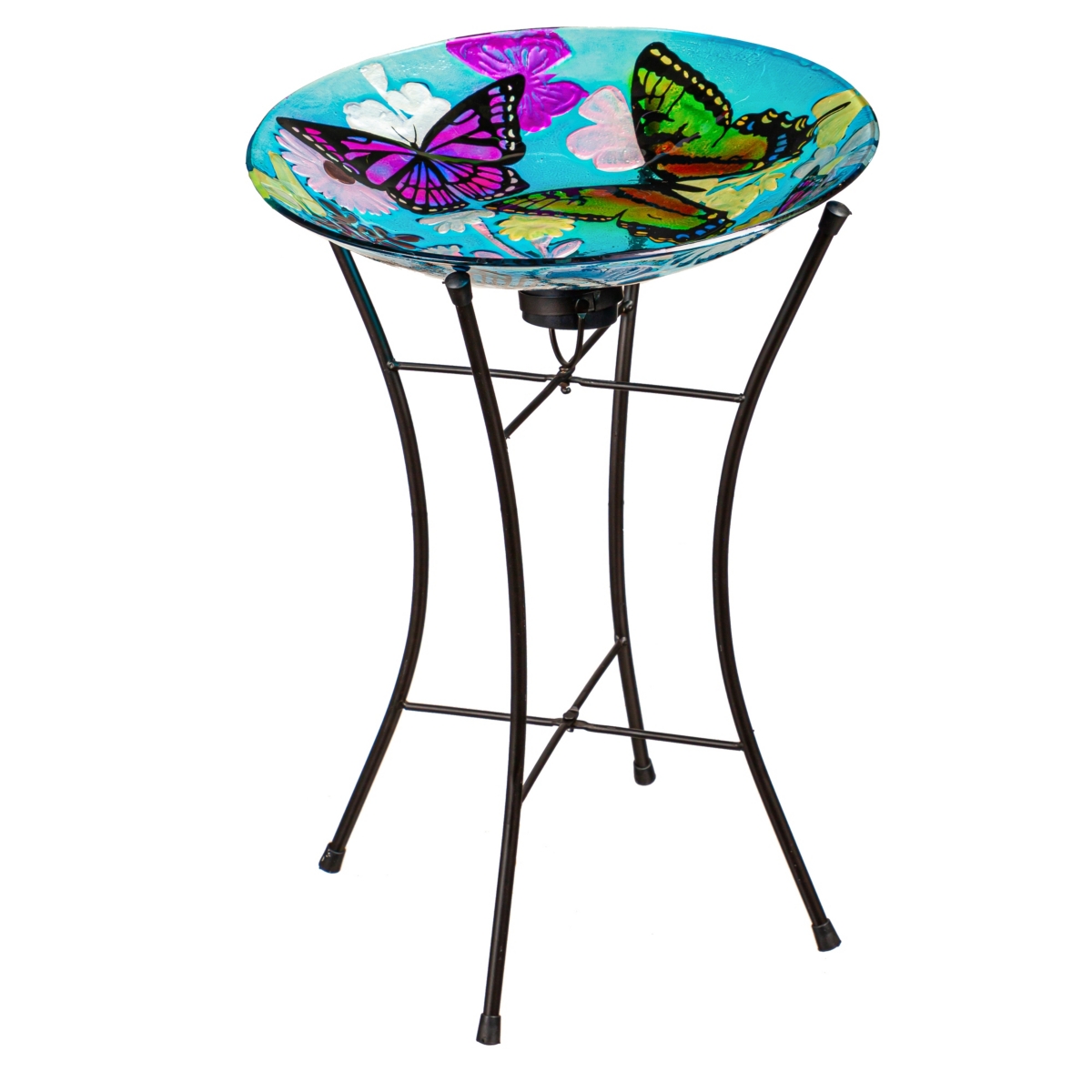 Evergreen 15" Hand Painted Embossed Glass Bird Bath With Solar Stand, Bountiful Butterfly In Multicolored
