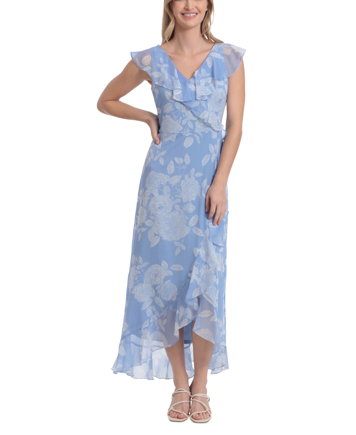 Petite Printed Ruffled-Collar Maxi Dress - Blue/White