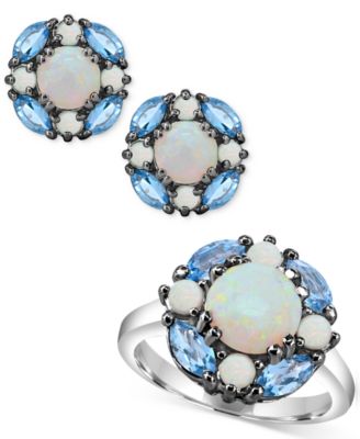 Macy's Lab Created Opal Swiss Blue Topaz Cluster Ring Earrings Jewelry Collection In Sterling Silver In Blue Topaz  Opal
