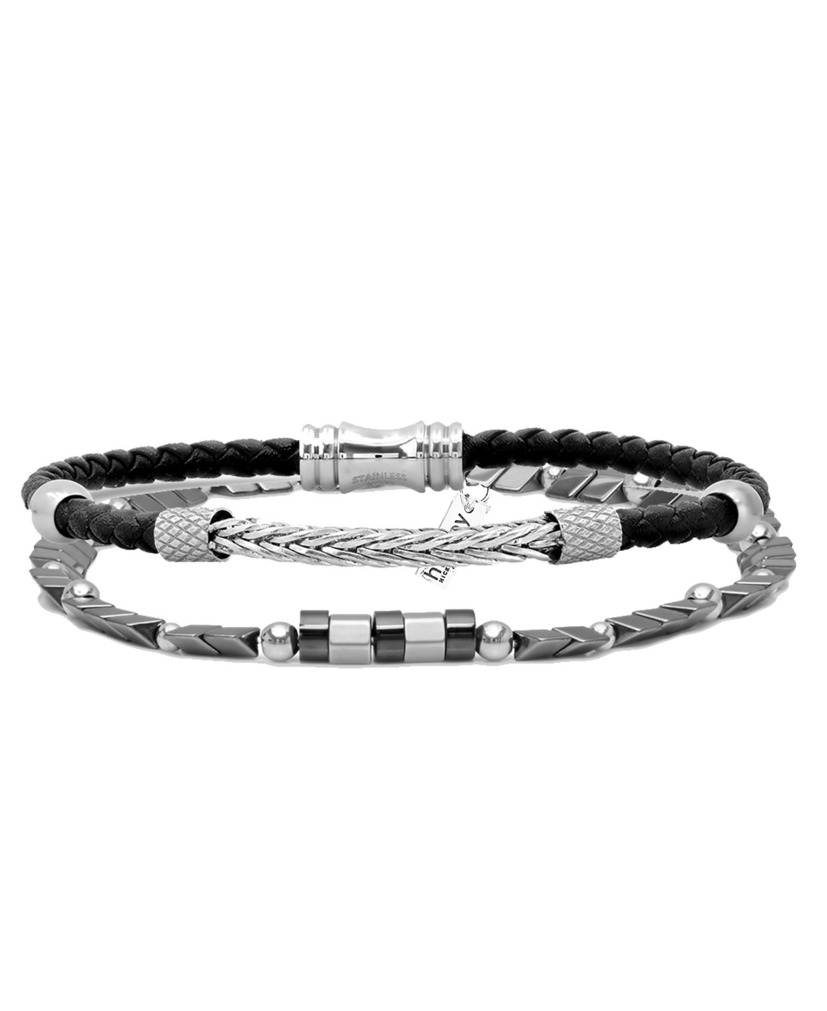 hickey by Hickey Freeman Thin Genuine Leather with Braided Metal Accent Id Hematite Bracelet, 2 Piece Set - Multi