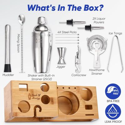 Premium 14 Piece Stainless Steel Bartender Kit with Bamboo Stand