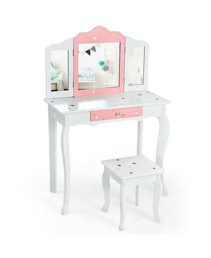 Costway Kids Vanity Princess Makeup Dressing Table Chair Set