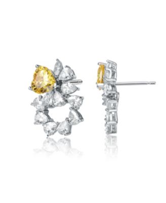 Sterling Silver Rhodium Plated Yellow Cubic Zirconia Floral Stud Butterfly Earrings