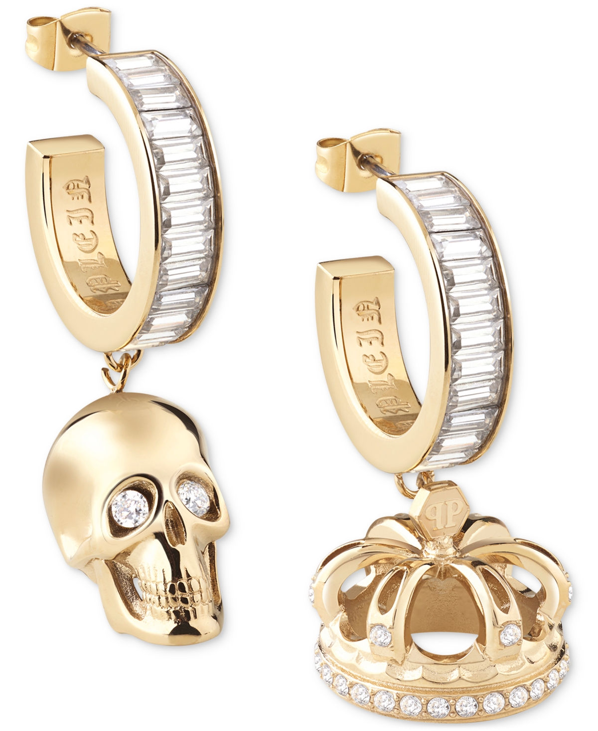 Shop Philipp Plein Gold-tone Ip Stainless Steel Pave 3d $kull & Crown Mismatch Charm Baguette Crystal Hoop Earrings In Ip Yellow Gold