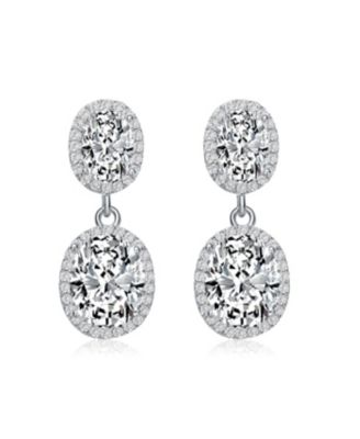 Sterling Silver with Rhodium Plated Two Clear Oval with Round Cubic Zirconia Halo Drop Earrings
