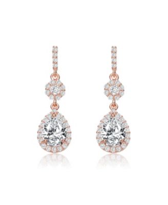 Sterling Silver with Rose Gold Plated Clear Pear with Round Cubic Zirconia Halo and Cluster Accent Drop Earrings