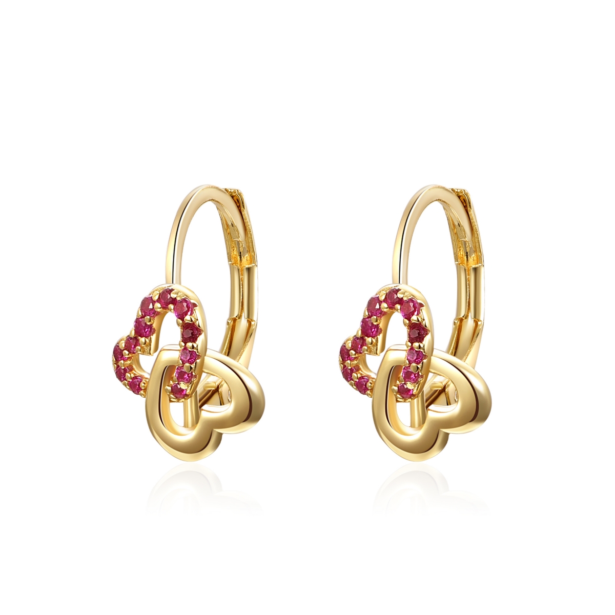 Genevive Radiant Double Heart Halo Drop Leverback Earrings for Kids/Teens in Sterling Silver with 14k Yellow Gold Plating and Red Accents