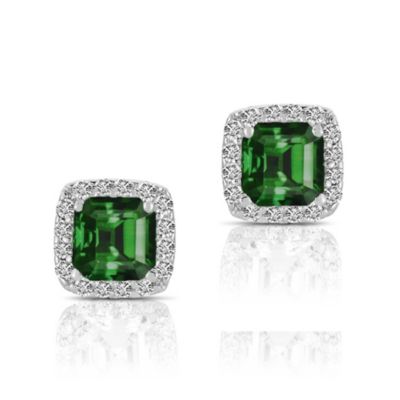 Cubic Zirconia Sterling Silver Rhodium Plated Green Square Shape Assher Cut Earrings