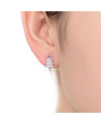 Sterling Silver with Rhodium Plated Clear Round Cubic Zirconia Pave Christmas Tree Earrings