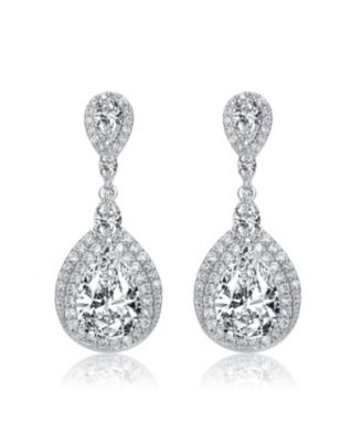 Sterling Silver with Rhodium Plated Clear Pear with Marquise and Round Cubic Zirconia Double Halo Dangle Earrings