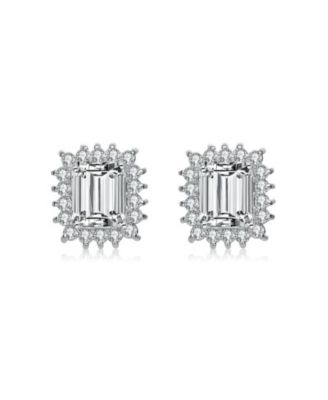 Sterling Silver with Rhodium Plated Clear Green and Round Cubic Zirconia Halo Stud Earrings