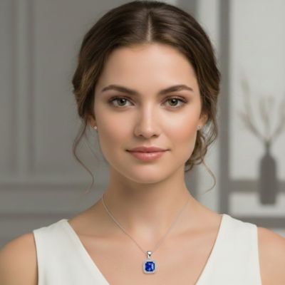 Sterling Silver White Gold Plating Cubic Zirconia Asscher Cut Drop Pendant