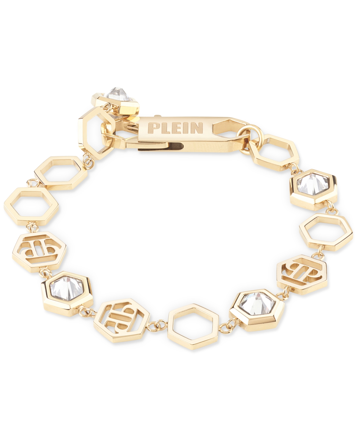 Shop Philipp Plein Gold-tone Ip Stainless Steel Crystal Hexagon Logo Flex Bracelet In Ip Yellow Gold
