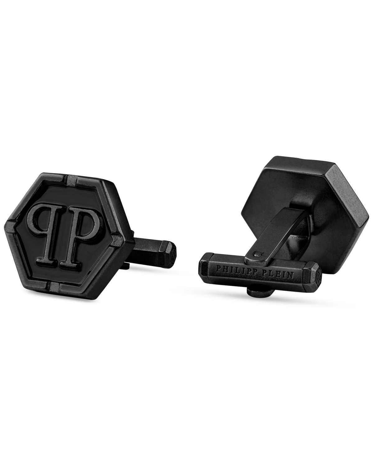 Shop Philipp Plein Stainless Steel Logo Black Hexagon Cuff Links