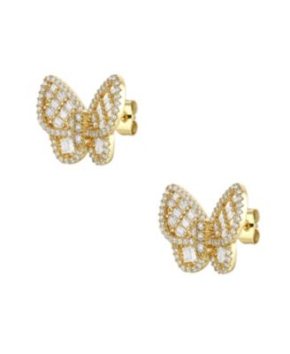 14k Gold Plated Sterling Silver with  Cubic Zirconia Clusters Butterfly Stud Earrings