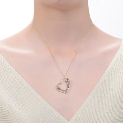 Teens Sterling Silver 14K Gold Plated Multi Colored Cubic Zirconia Heart Necklace