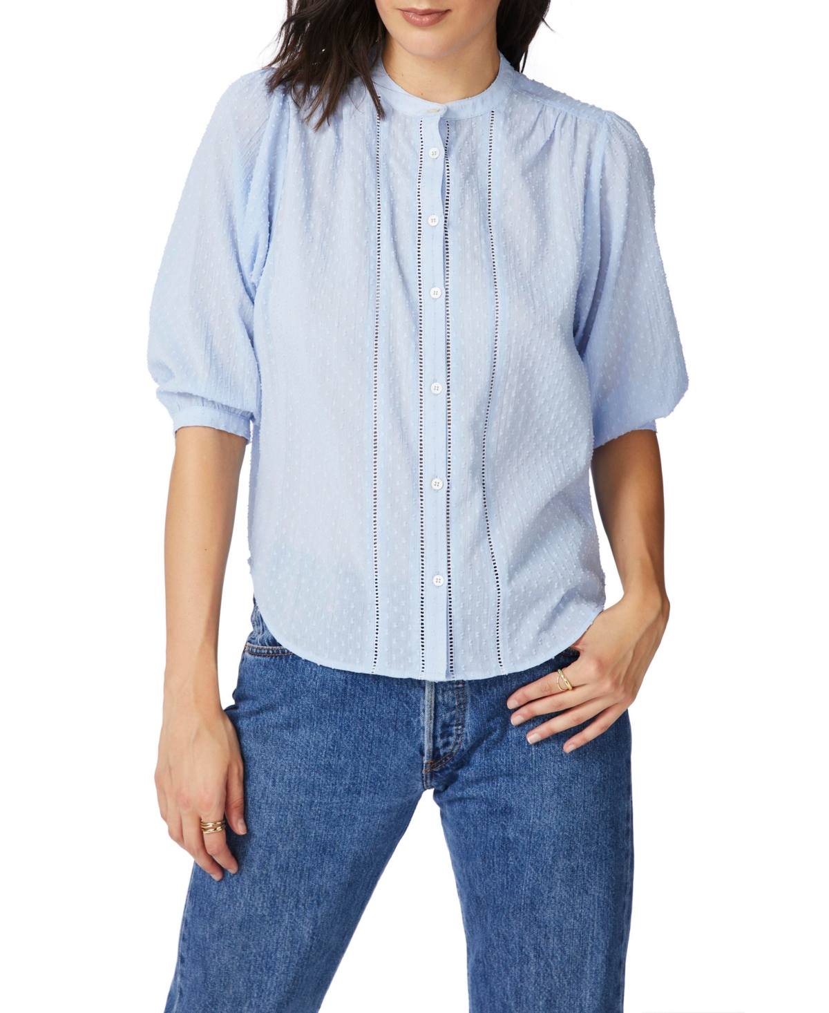 Women's 3/4 Sleeve Crinkle Clip Button Front Blouse - Chambray Blue
